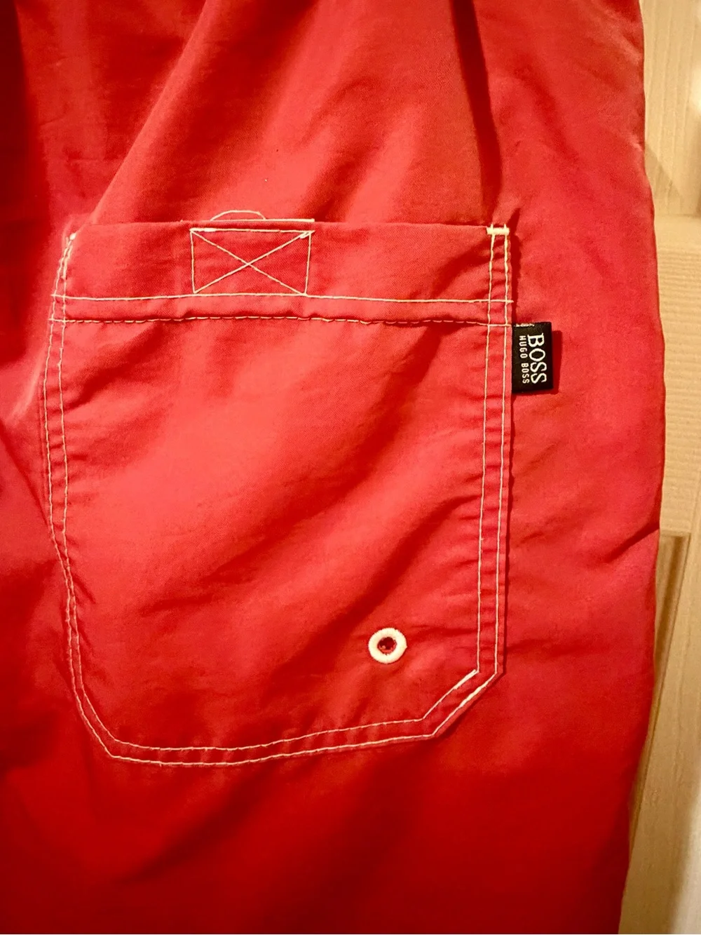 BOSS Hugo Boss Swim Trunks Shorts Mens L Large Red Mesh Lined Elastic Waist Logo